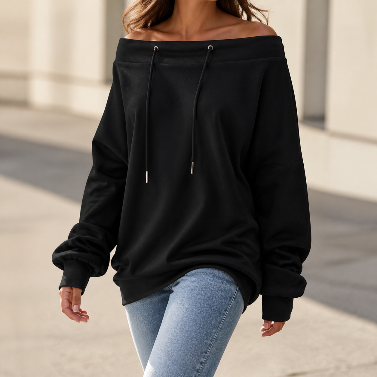 Winter Clothing Drawing - Dames off-shoulder losvallend sweatshirt met lange